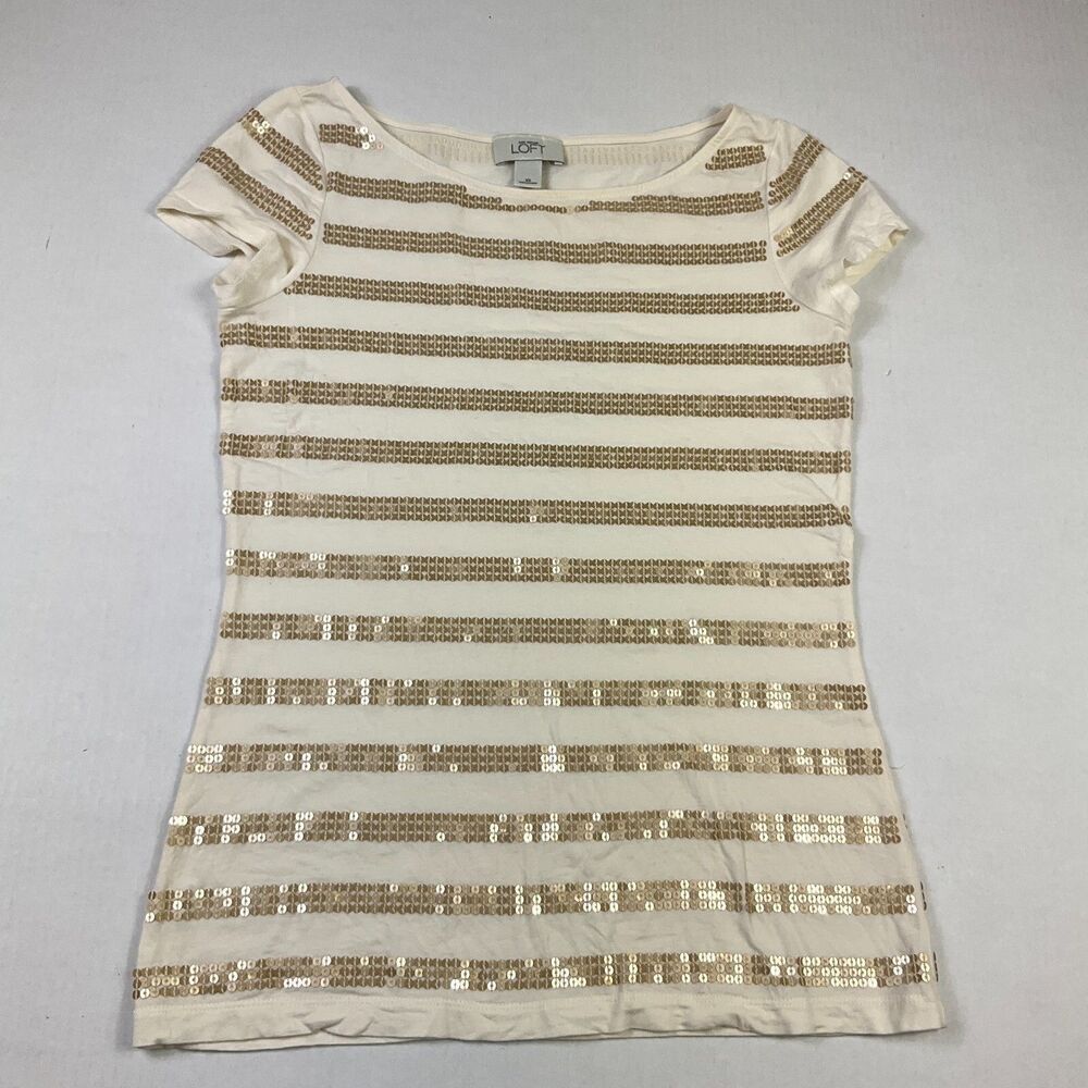 LOFT Sequin T-Shirt Ivory Gold Striped Short Sleeve Boat Neck Top Stretch Tee XS